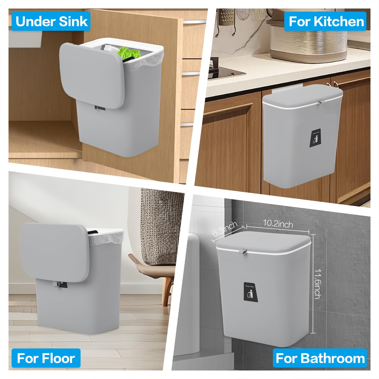 Pattumiera per compostaggio da cucina da 9L per bidone della spazzatura da 2,4 G per sotto il lavandino, secchio per compost interno (grigio)