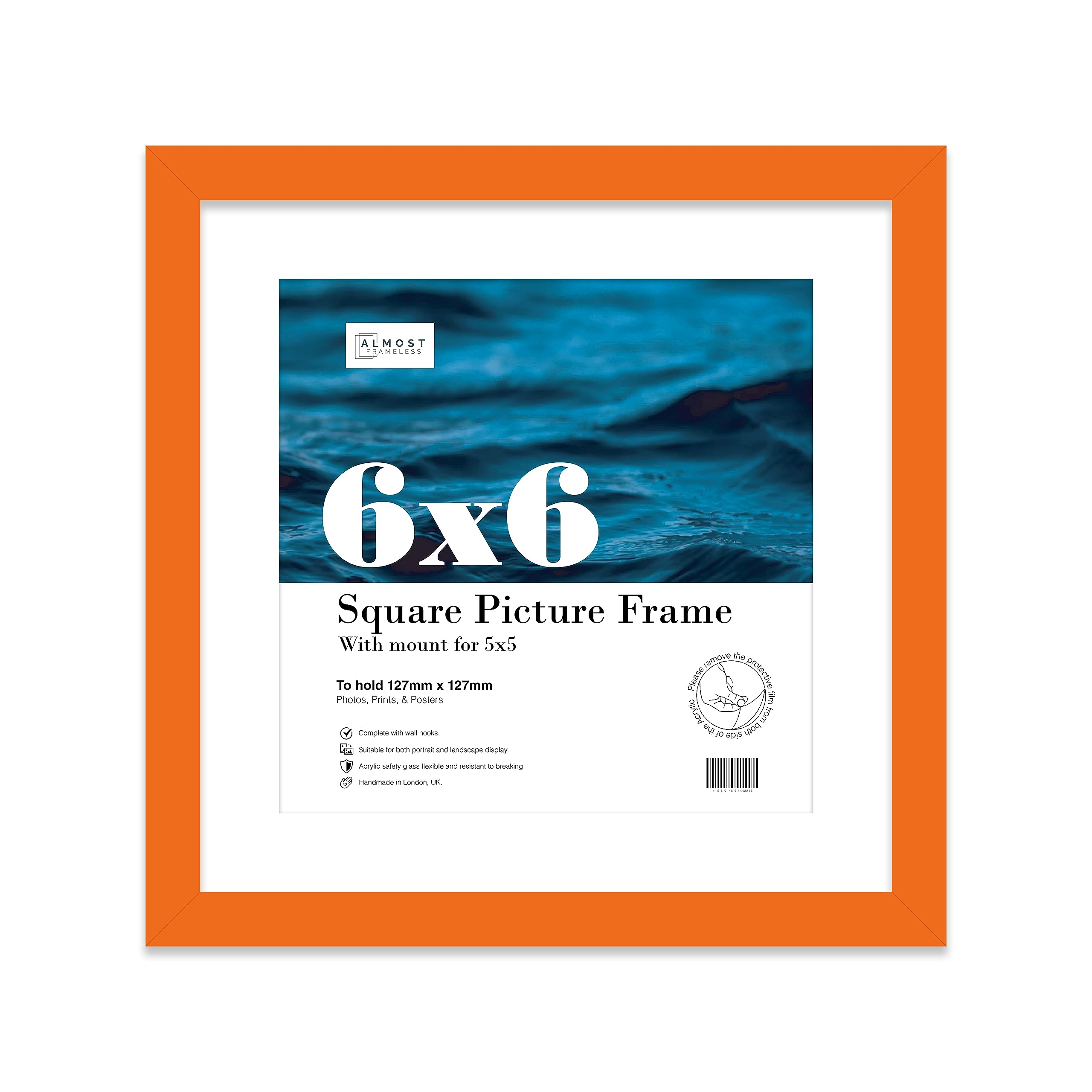 Almost Frameless 6x6 Picture Frame, Display Pictures 5x5 With Mat or 6x6 Without Mat, Wall Hanging & Free Standing Photo Frame, Orange, 1 Pack