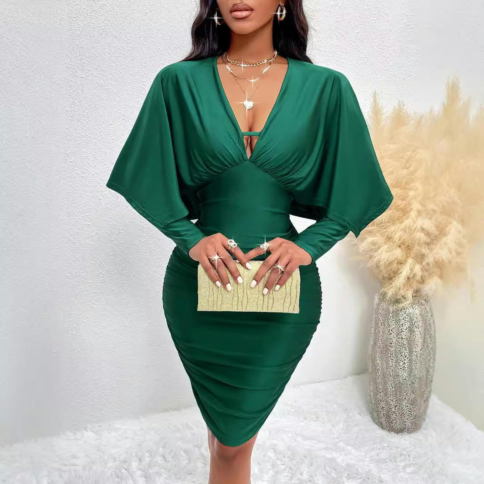 Robe Ete Femme Robe De Fête Rétro À Manches Longues Sexy - Robe De Bal De Soirée Élégante De Sirène avec Cou De Fond en V, Bodycon Fit Femme Robe-Vert-m