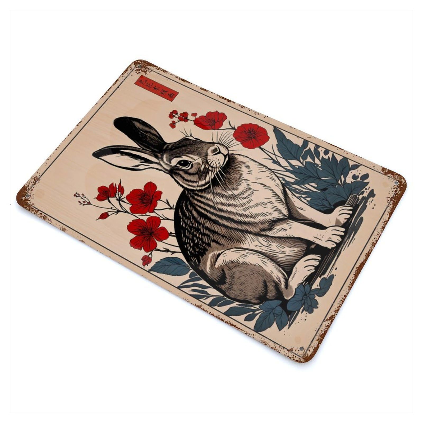 Rabbit Japanese Art Rusty Metal Tin Sign 11.8"x7.9", Ideal for Pub, Kitchen And Man Cave Decor
