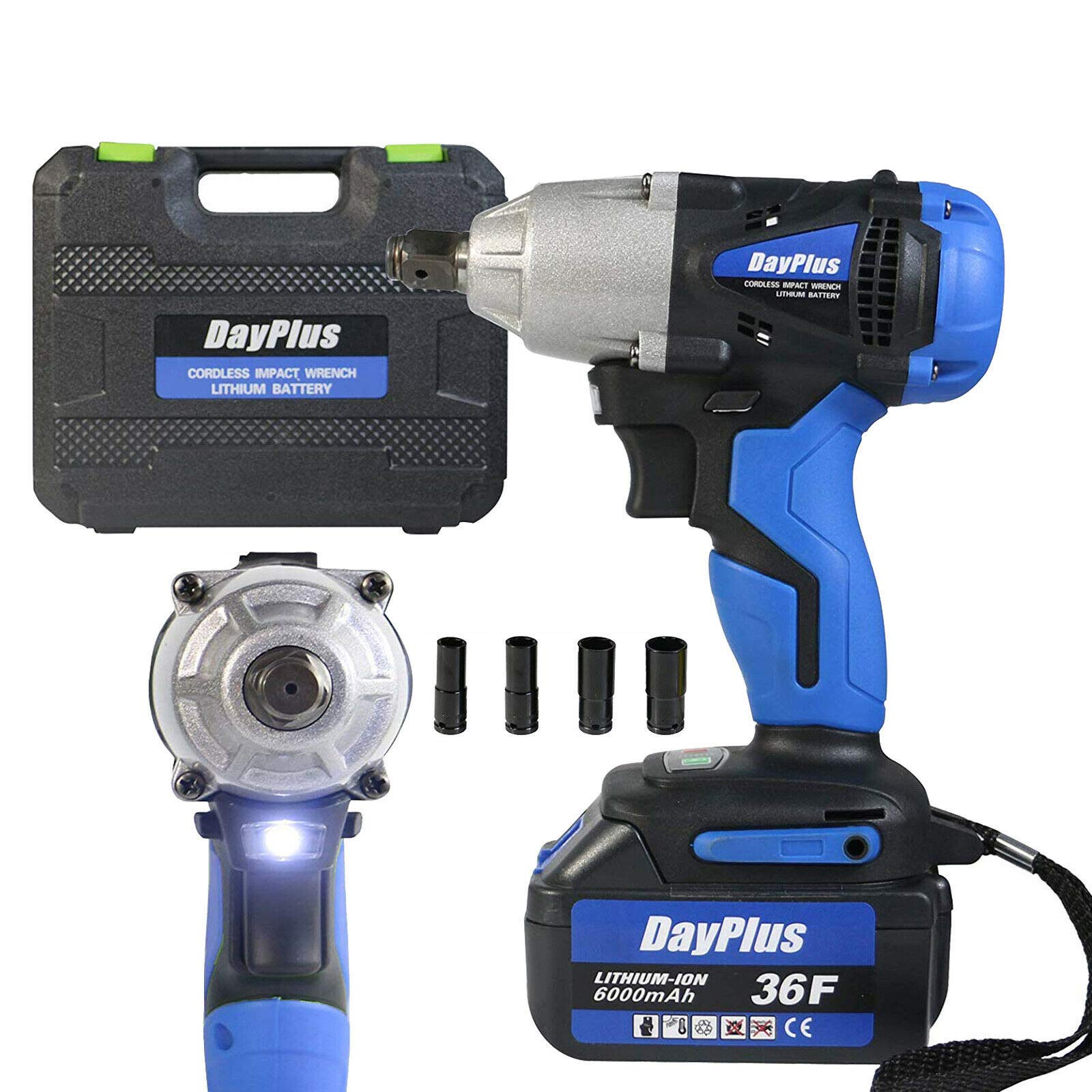 Lucn Blue Model 3 420Nm 1/2" Cordless Impact Wrench Driver 18V Electric Ratchet Rattle Nut Gun 6.0Ah Li-Ion Battery Wheel Wrench Square Drive 4 Socket Set Forward/Reverse Setting 3200Rpm Lug Nut Removal
