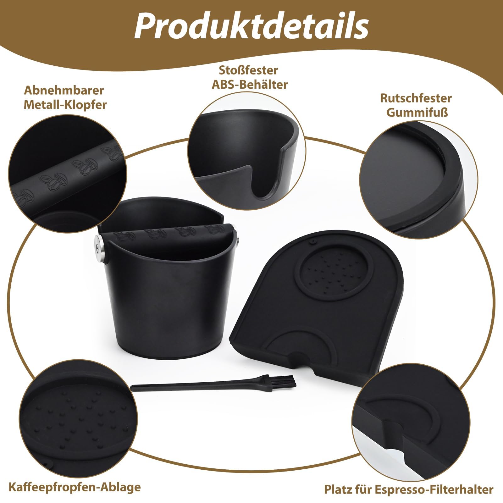 Abklopfbehälter für Siebträger Espresso Abklopfbehälter Knock Box Kaffeesatz Behälter mit Abnehmbarer Metall-Klopfstange, Rutschfester Basis und Kaffee Tampermatte, Siebträger Zubehör für Küche Café