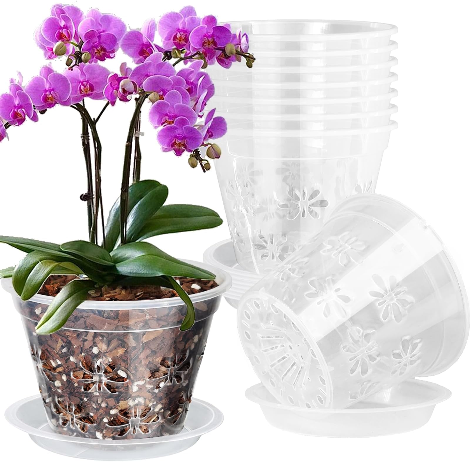 Orchid Pot, 8 Pack 8 inch Orchid Pots with Holes & Saucers, Clear Plastic Pot for Repotting, Breathable Ventilation Planters for Phalaenopsis, Dendrobium & Oncidium Orchids