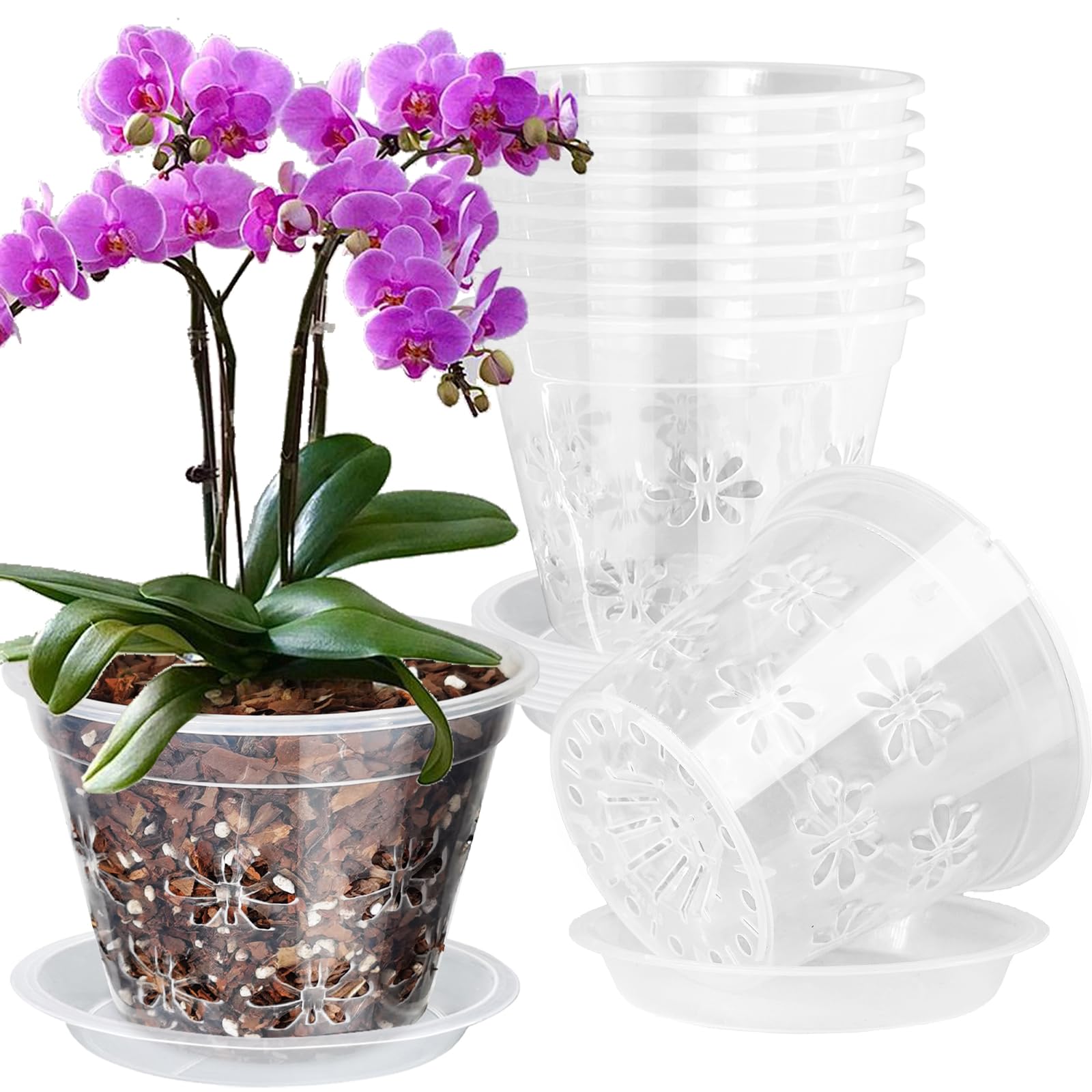 Orchid Pot, 8 Pack 8 inch Orchid Pots with Holes & Saucers, Clear Plastic Pot for Repotting, Breathable Ventilation Planters for Phalaenopsis, Dendrobium & Oncidium Orchids