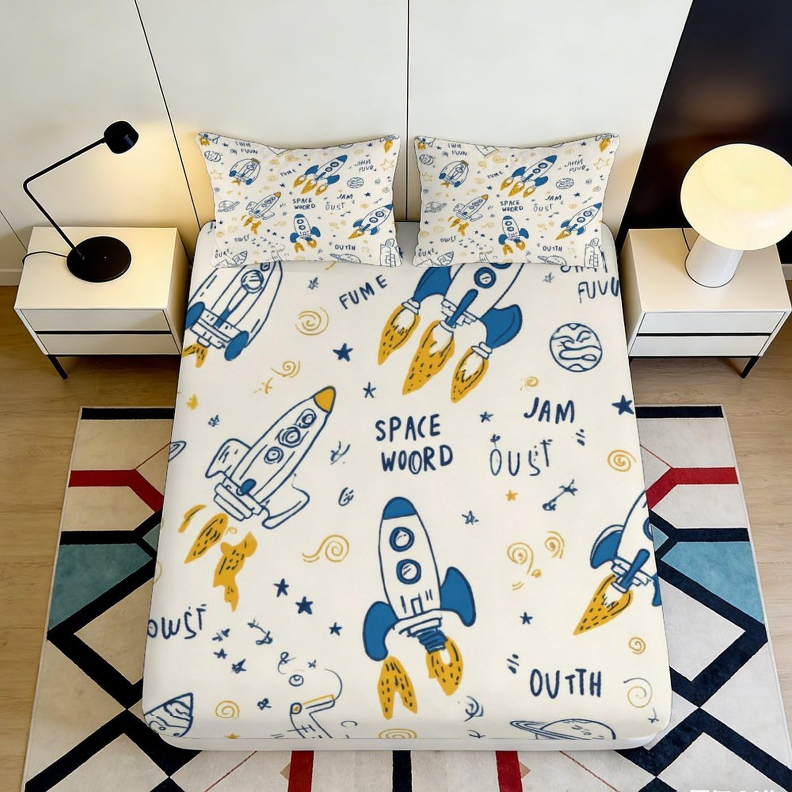 Dhbaneiok Style-10 3D Printed Rocket Space World Fitted Sheet Microfiber Anti-Slip Machine Washable Cosmic Planet Mattress Cover For Bedroom Dorm 90X200x25cm
