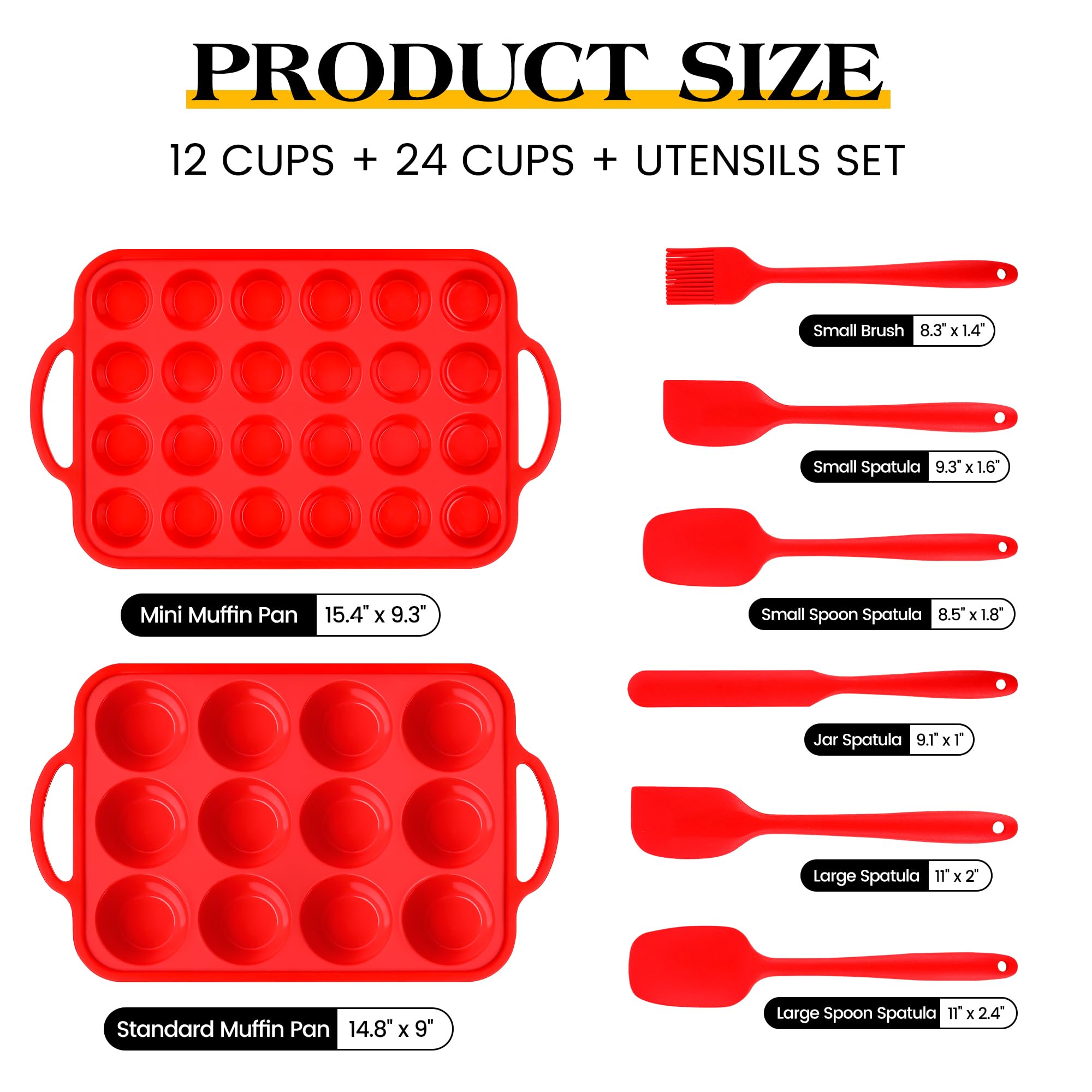 Ensemble de moules à muffins en silicone, 12 moules et mini moules à muffins avec ustensiles, moules de cuisson antiadhésifs avec cadre renforcé en métal, sans BPA
