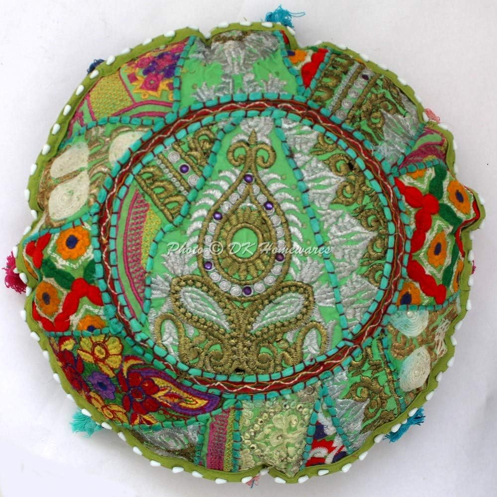Round Ethnic Floor Pillow for Kids Bohemian Parrot Green 18 Inch Patchwork Seating Ottoman Stool Home Decor Embroidered Vintage Cotton Indian Floor Cushions for Adults 18x18