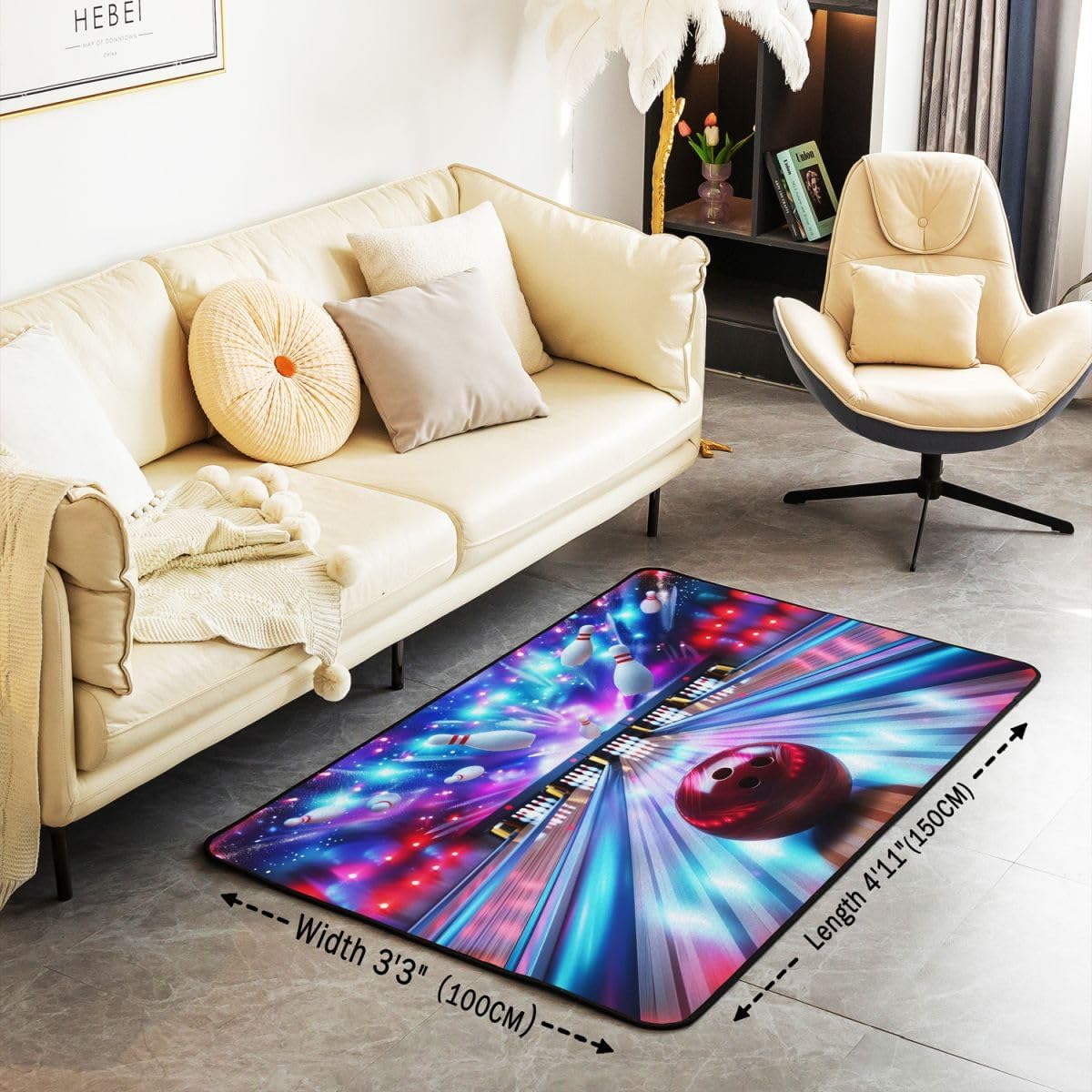Erosebridal Neon Bowling 3 X 5 Area Rug,Bowling Pins Living Room Rugs,Dreamy Sport Decorative Carpet Sports Balls Indoor Floor Mat