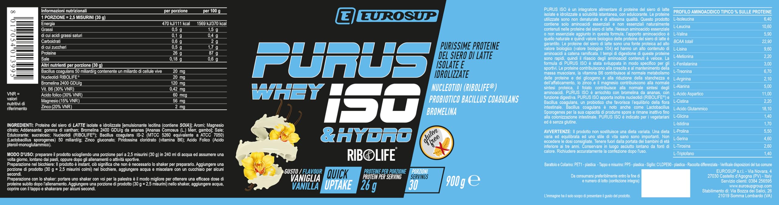 PURUS ISO - 900 g - Cioccolato - Purissime proteine del siero di latte 100% isolate, idrolizzate, non denaturate - RIBOLIFE® - Senza glutine - Vegetariano