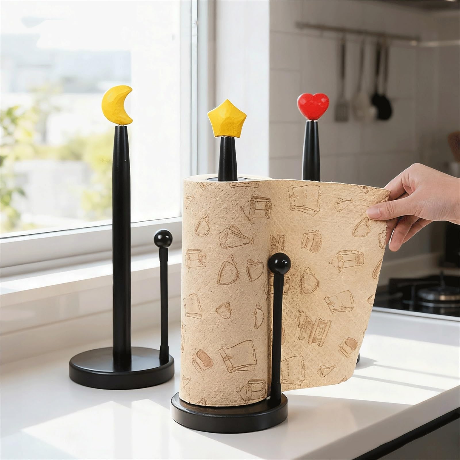 Portarrollos de papel cocina en forma estrella con barra madera Libre