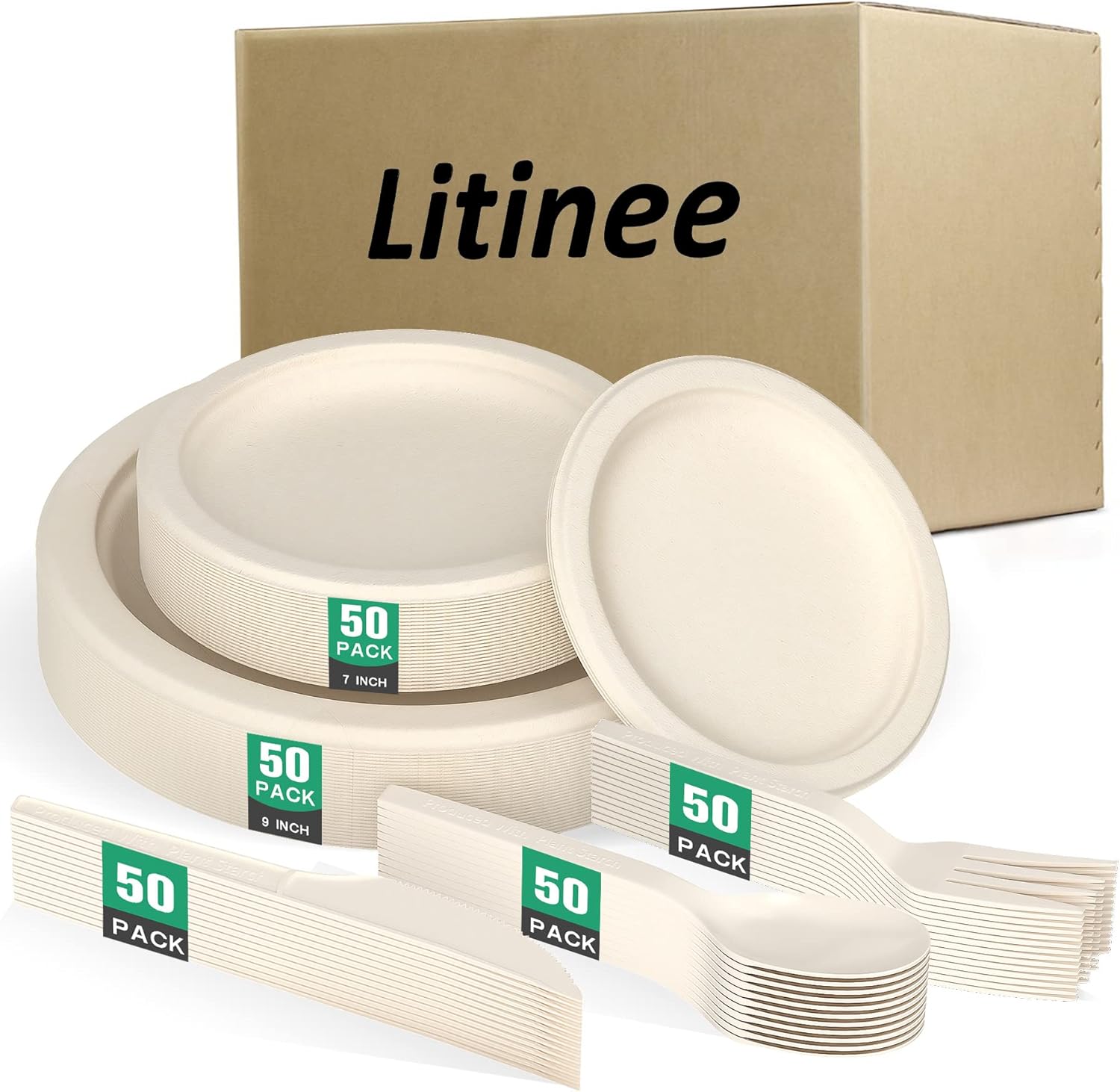 LITINEE Compostable Paper Plates with Extra Long Utensils Eco