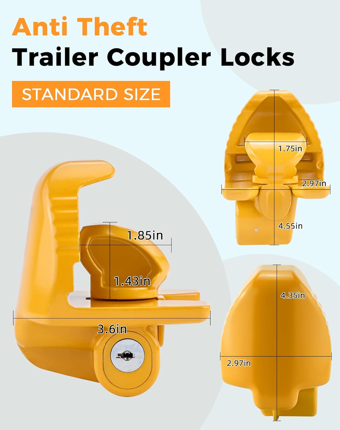 Trailer Hitch Lock Universal Size with Key Fit for 1-7/8", 2", and 2-5/16" Couplers Heavy Duty Steel by Fetechmate Trailer Locks Accessories for Boat, Vehicles and RV, Yellow