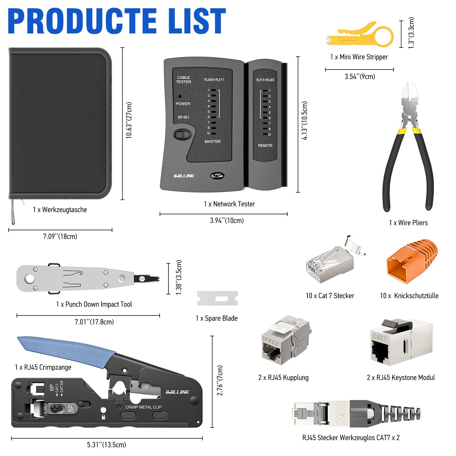 iwillink Netzwerk Werkzeug Set, RJ45 Crimpzange für Netzwerkstecker | Mit Crimpzange, Cat 7 Stecker, RJ45 Stecker Werkzeuglos, Keystone Modul, Auflegewerkzeug, Netzwerktester für RJ45/11/12 Kabel