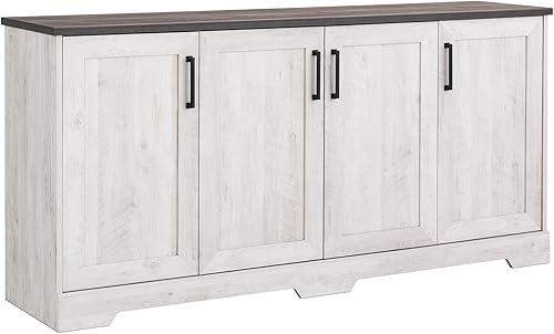 Prepac Rustic Ridge - Mesa consola de 4 puertas con almacenamiento, armario de almacenamiento blanco lavado con puertas y estantes, armario de