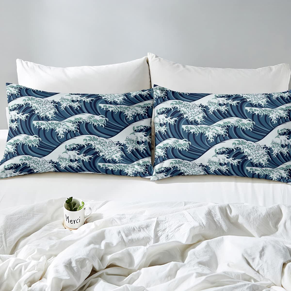 Erosebridal Wave Duvet Cover Set Twin Size Ocean Decor Comforter Cover Set Japanese Style Bedding Set for Adult Teens Kids Girls Soft Simple 2 Pieces Duvet Cover Set with Zipper Ties, No Comforter