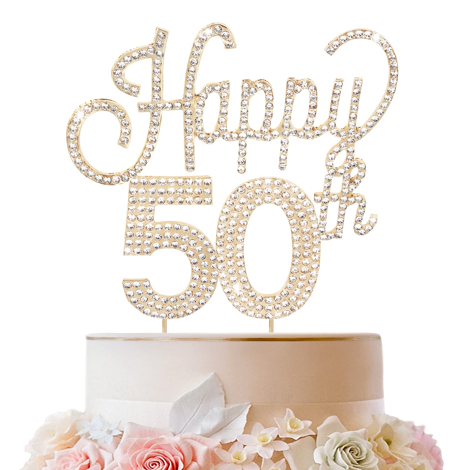 LINGTEER Happy 50th Birthday Gold Rhinestone Cake Topper - Cheers to 50th Birthday Fifty Years Old Anniversary Party Cake Centerpieces Topper