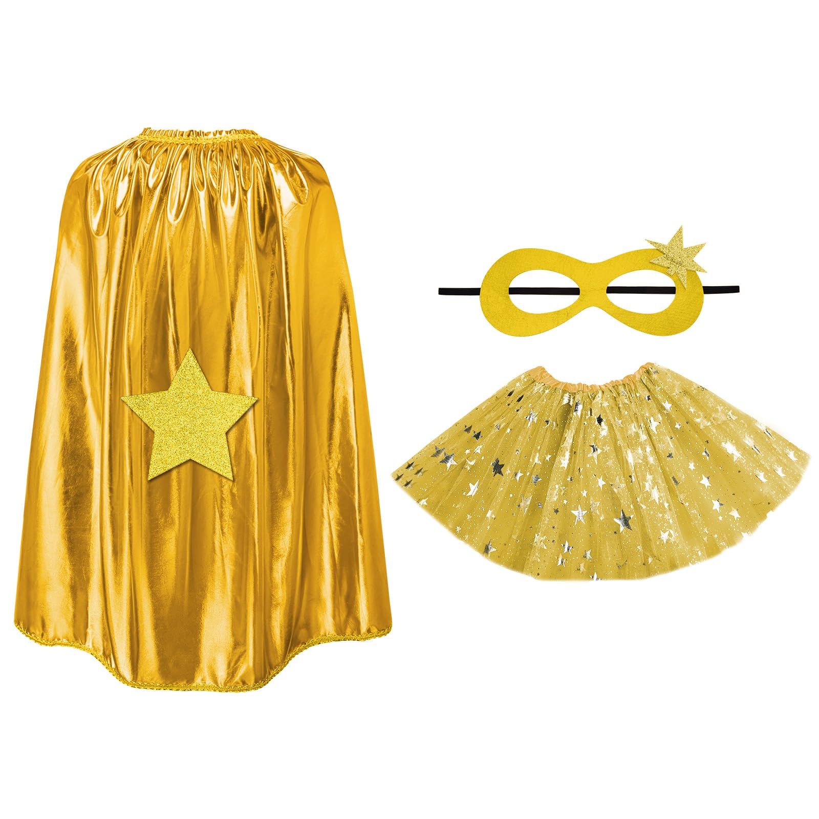 AUYAO Super-heroes Costumes Heroes Capes Kit, Kids Capes Cloak Dress Up Set with Mask Tutu Ballet Dance Skirt, 3Pcs Girls Princess Costumes Capes for Halloween Christmas Birthday Party(Gold)