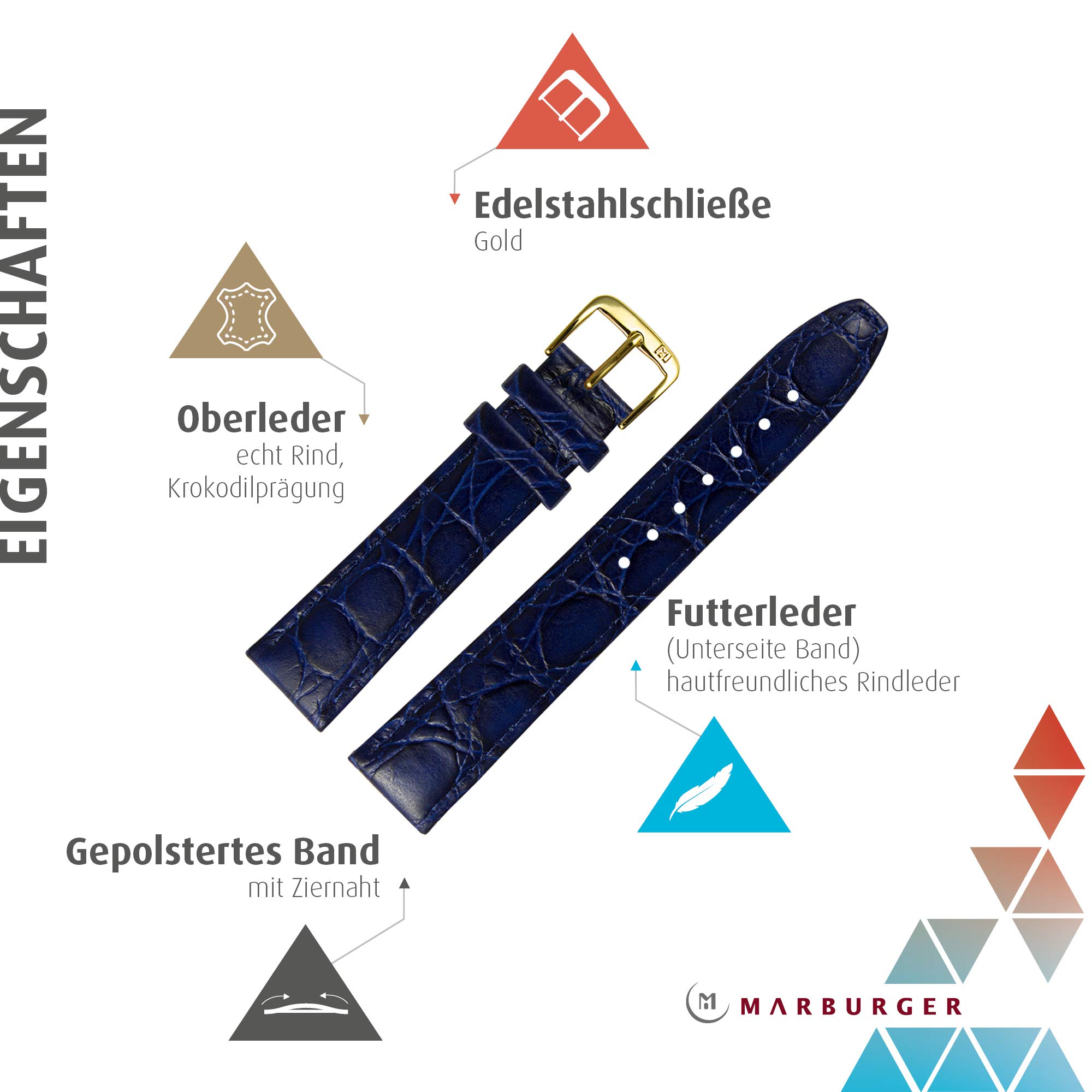 MARBURGER Uhrenarmband 16mm Leder Kroko (Caiman) Prägung Mit Naht - Werkzeug Montage Set 52916