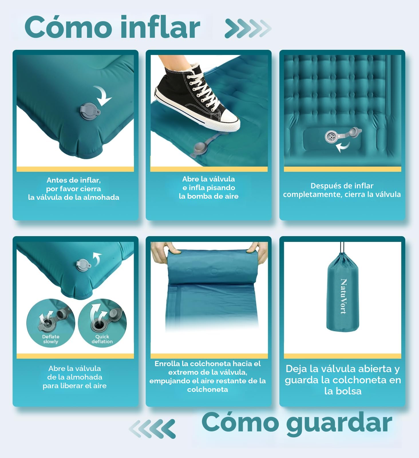 Colchón Hinchable 12CM Esterilla Camping Autoinflable, Colchoneta Camping con Almohada Colchoneta Autoinflable para Campin g, Senderismo, Playa, Tienda de Campaña,Azul Turquesa