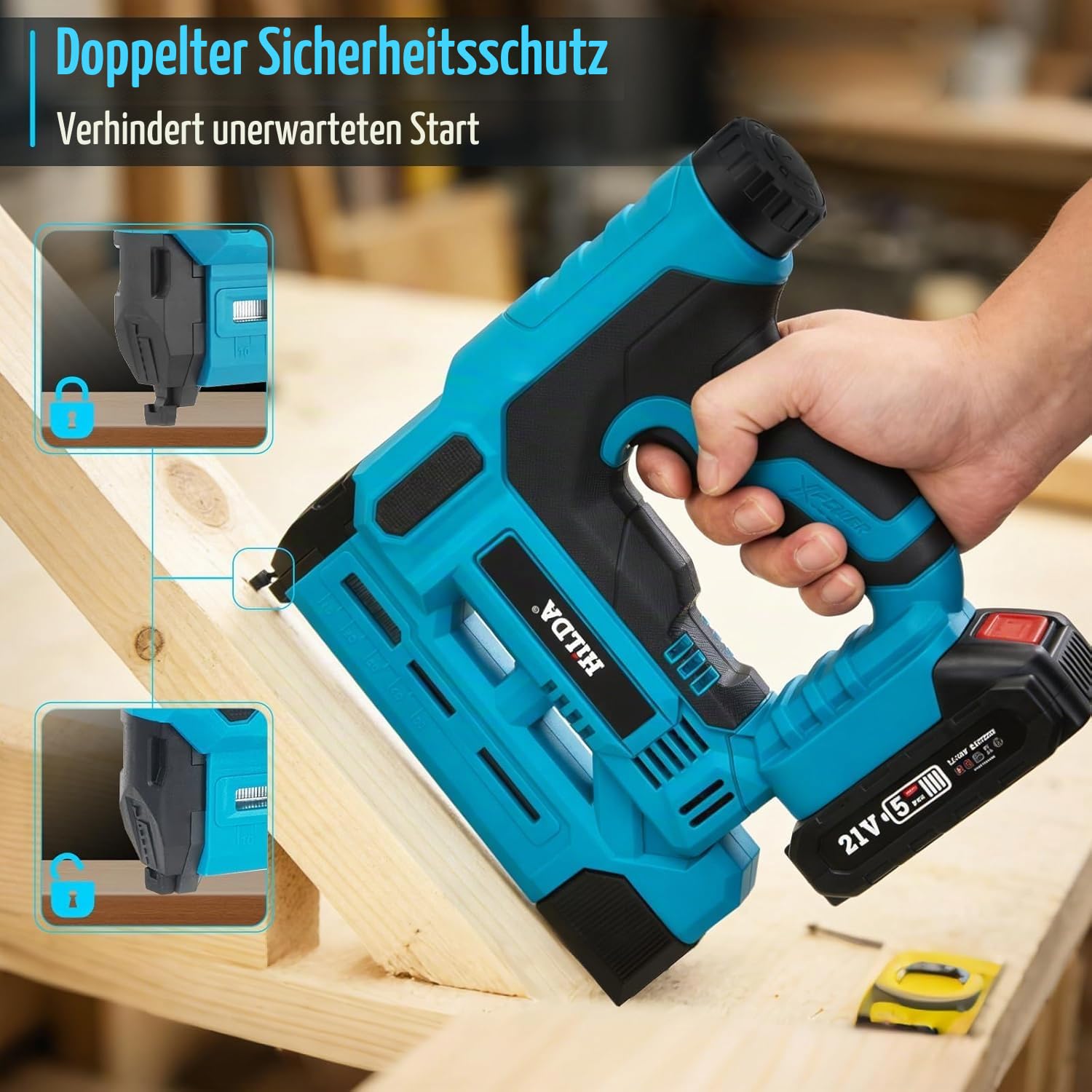 Akku Nagler Nagelpistole und Tacker, 18GA 21V Elektrische Nagelpistole mit 2×2.0Ah Akku und Ladegerät,1000 Nägel und 1000 Heftklammern enthalten, Einstellbare Tiefe für Heimwerker und Holzarbeiten