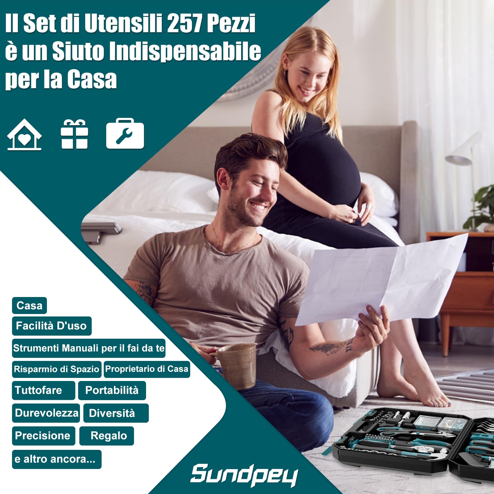 Sundpey Cassetta Attrezzi Completa 257PCS - Set Attrezzi Lavoro Valigia Attrezzi Completa con Set Bussola Cacciavite Precisione Set Chiavi Compreso Cricchetto Martello Blu
