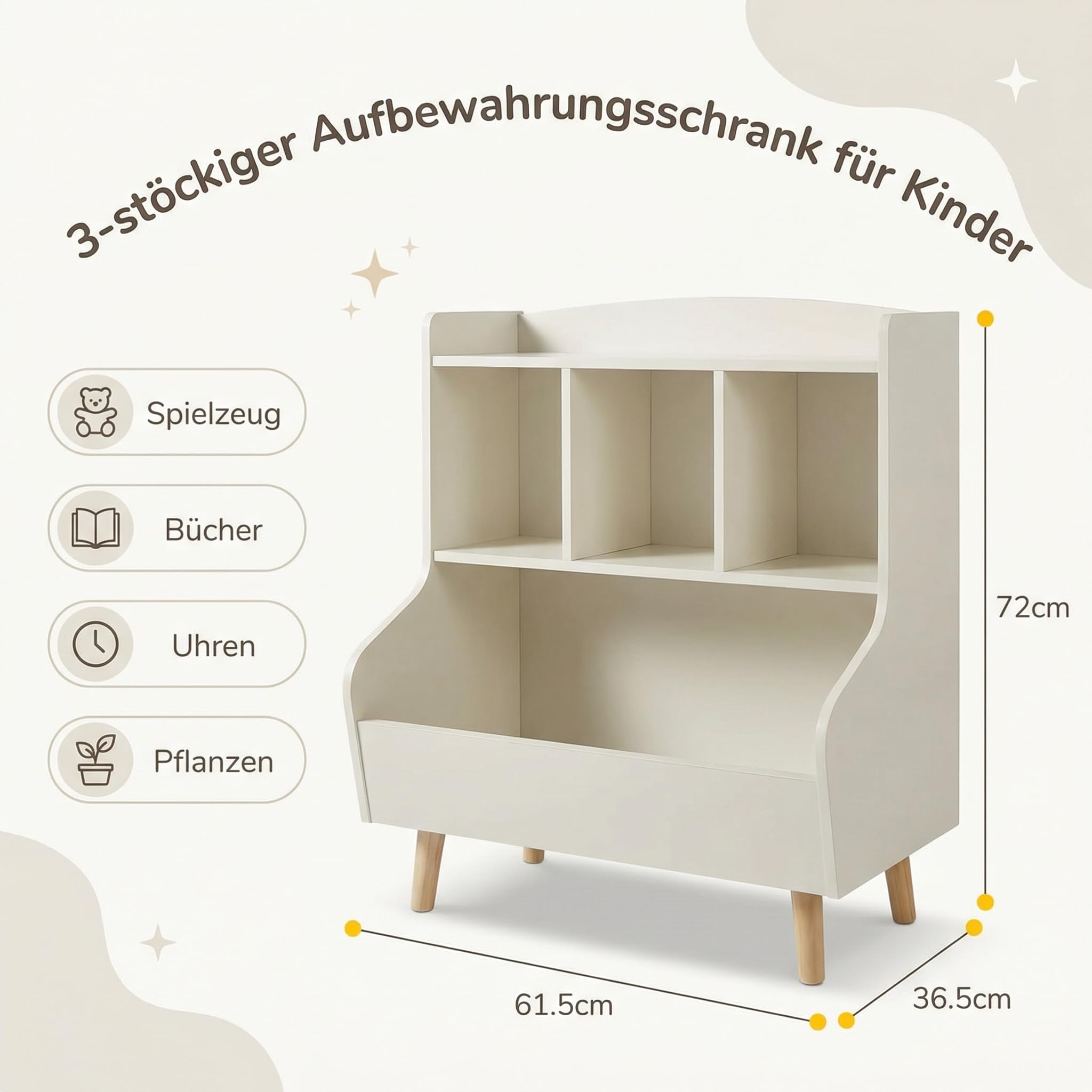Kinderregal mit Spielzeugaufbewahrung – Bücherregal für Kinder, 3-stufiges Standregal mit Beinen, 5-Fach für Kinderzimmer & Babyzimmer, Weiß