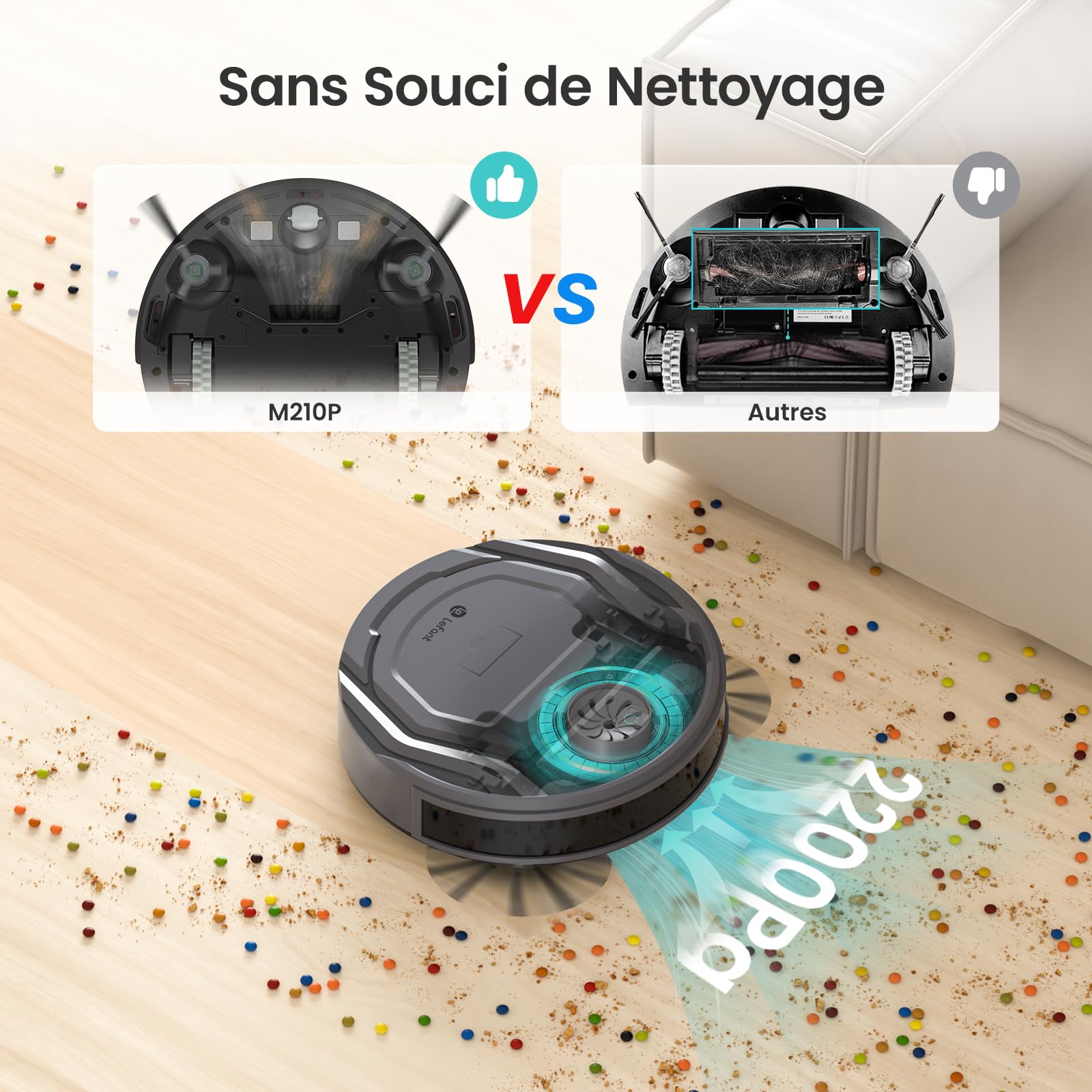 Lefant Robot Aspirateur M210P, 2200Pa d’Aspiration, Mince Silencieux, 6 Modes de Nettoyage, Auto-Charge, WiFi Bluetooth Alexa App, 120min d’Autonomie, Idéal Poils d’Animaux Sols Durs Tapis