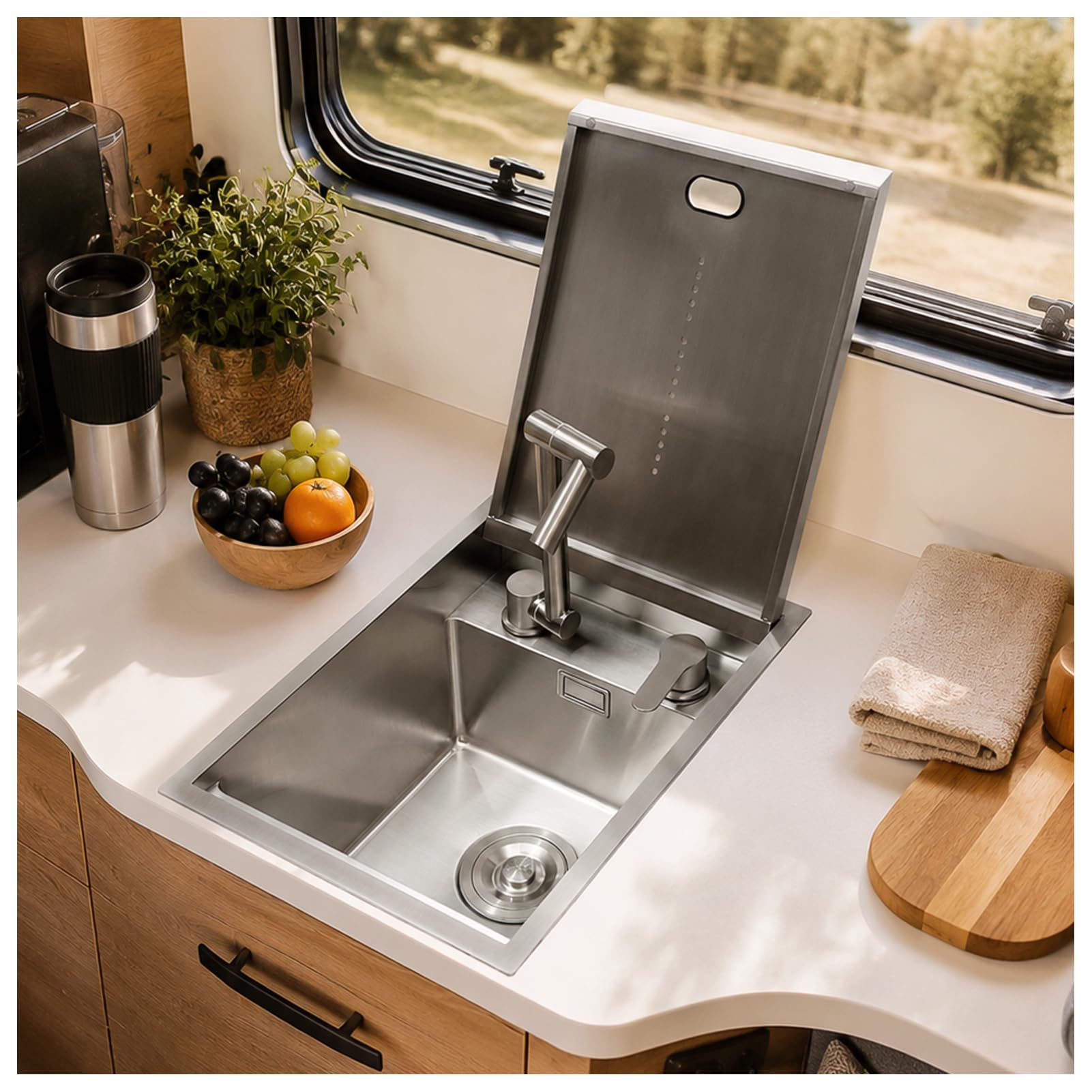 45 x 35 cm Stainless Steel Bar Sink with Cover, 304 Stainless Steel Motorhome Sink (C-Silver, 45 x 35 cm)