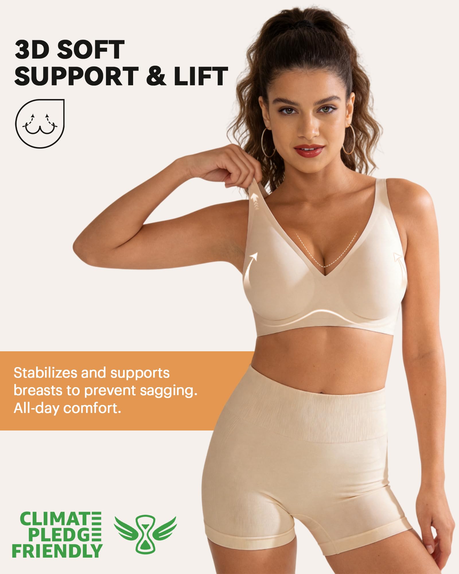 Bresdk Sujetador Sin Aros con Escote en V Profundo para Mujer Push Up Bralette Cómodo sin Costuras de Cobertura Completa para Pecho Grande con Relleno