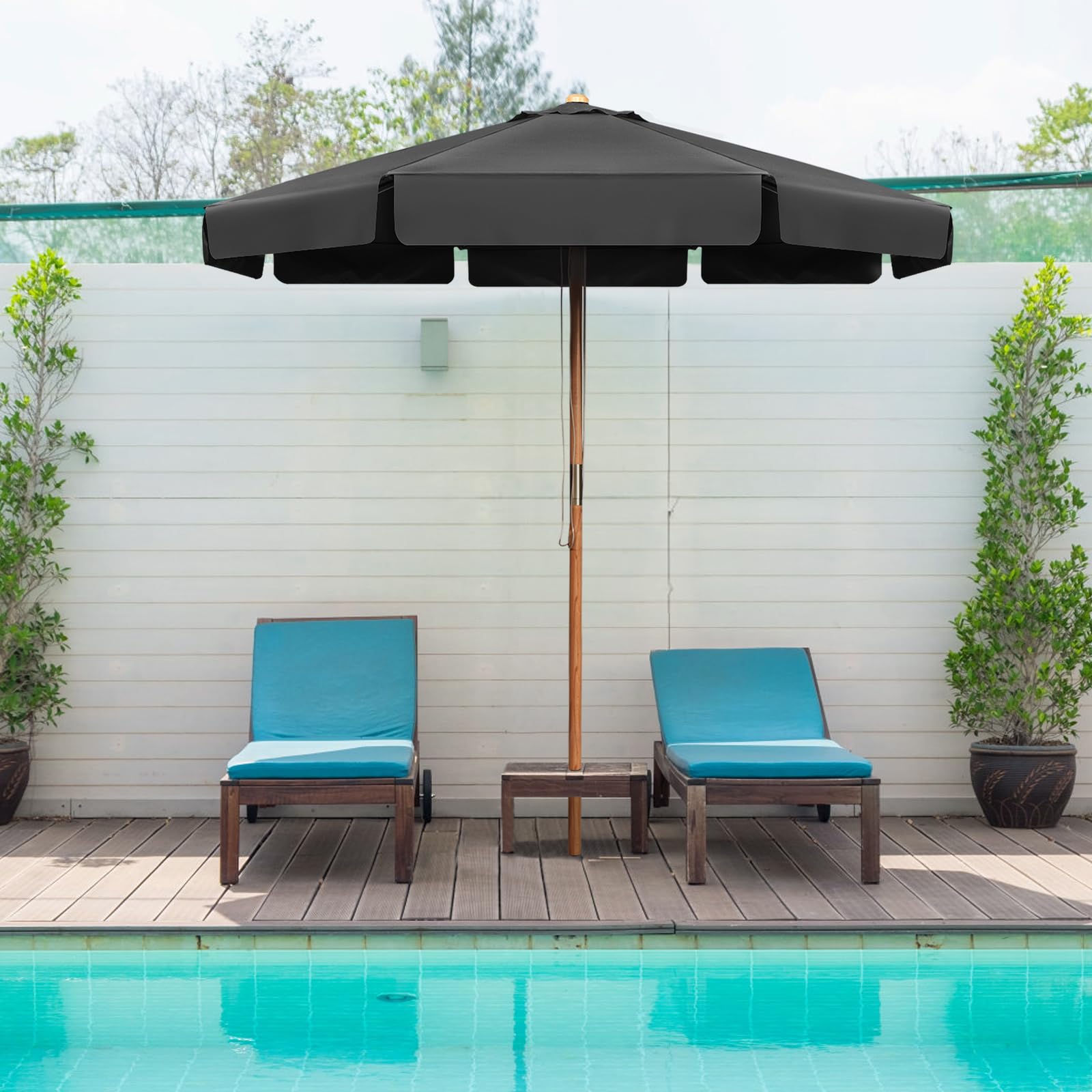 GOPLUS Parasol de Jardin Exterieur 3x3M, Parasol Inclinable de Balcon avec 8 Baleines en Bois, Tissu Anti-UV, avec Lambrequin pour Terrasse Patio Restaurant (Gris)
