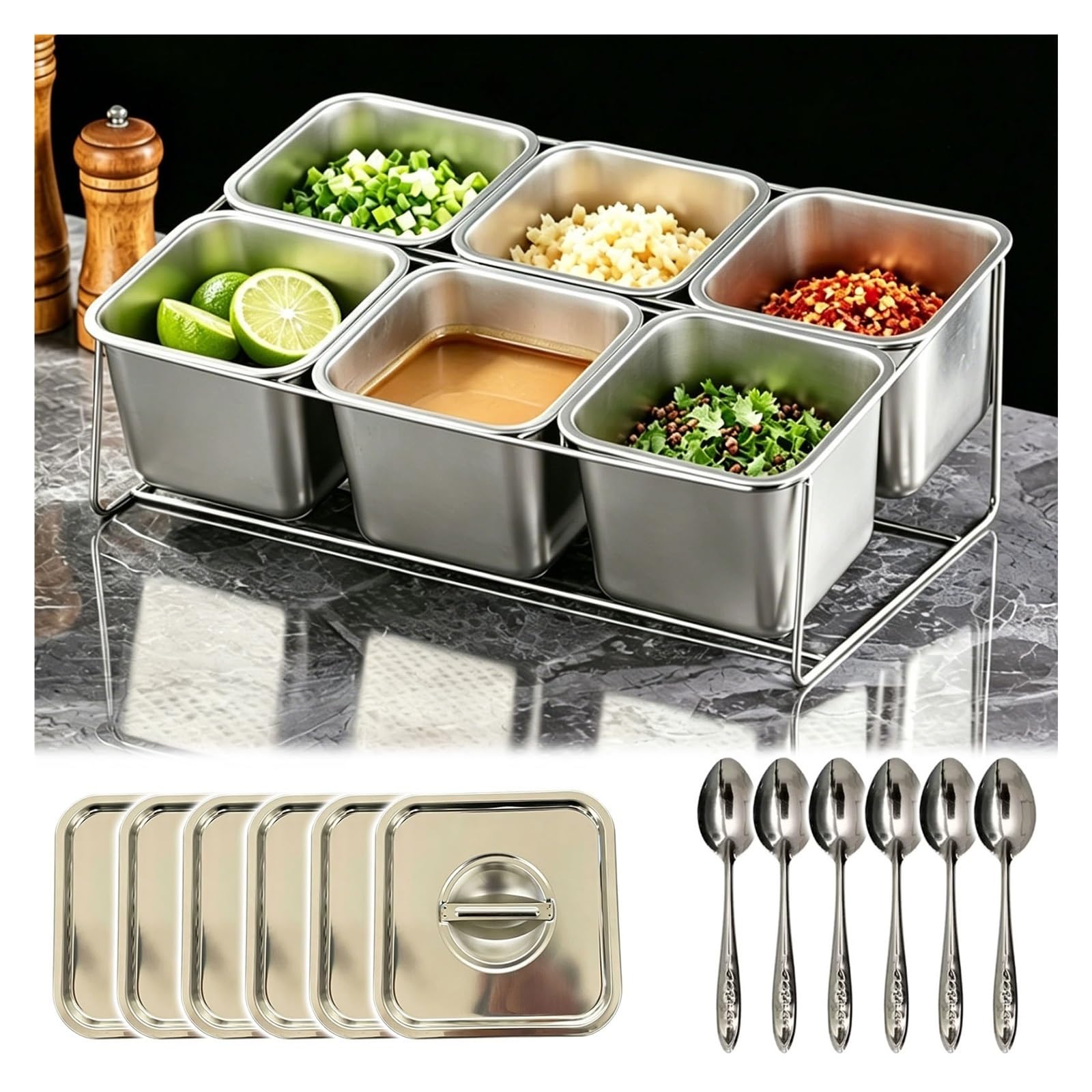 Tyzlup Commercial Condiment Station 304 Stainless, 8 Compartment Food Prep Station with Removable Pan Rack, Topping Bar for Kitchen Buffet Salad Pizza