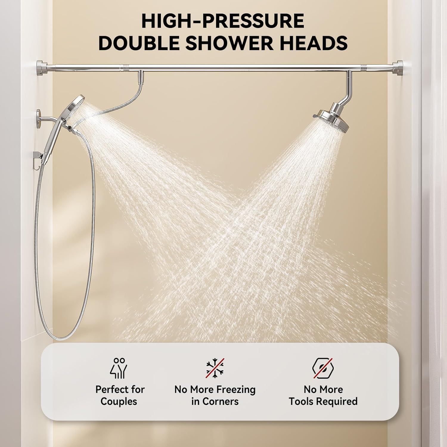 Dual Shower Head with Handheld for Couples, High Pressure Double Shower Heads for Two People Rod, Two Showerhead System Fit 2 Person, Gifts for Women Men, SPA-Like (Chrome, Segmented Design)