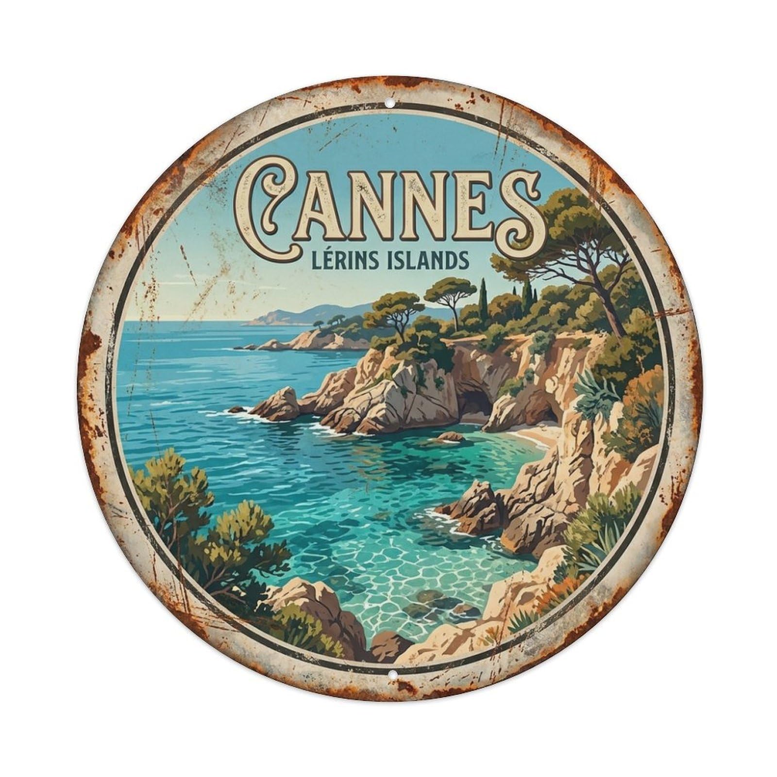Retro Cannes Island Coastline Coastal Travel Metal Tin Sign