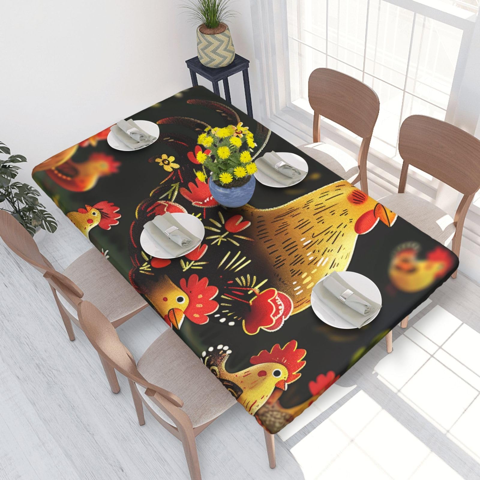 DCARSETCV Cute Rooster Chickens Printed 4FT Waterproof Tablecloth with Elastic Edged Protect & Decor Your Table, Oil-proof Washable Table Cloth Cover for Dinner Picnic Party