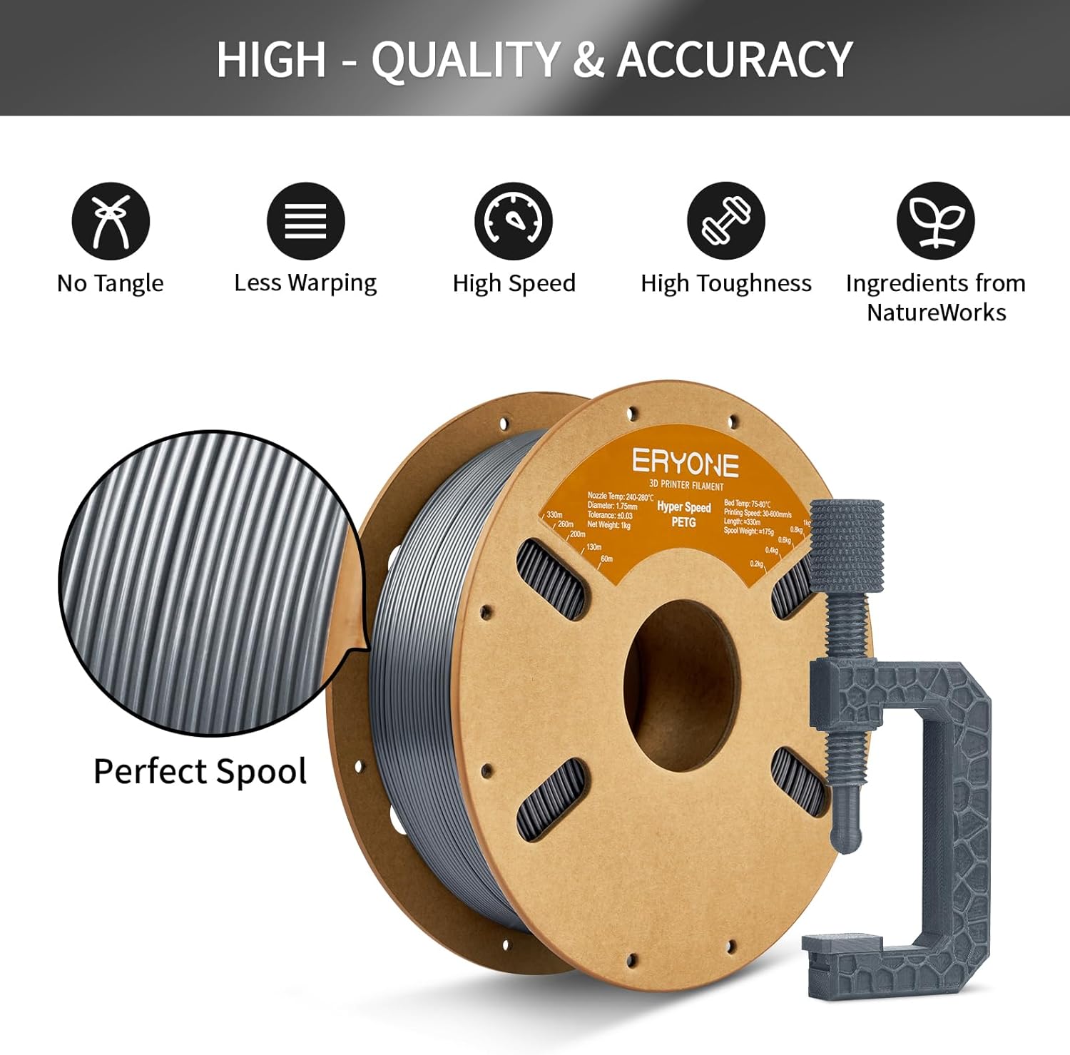 ERYONE Rapid PETG Filament 1.75mm +/- 0.03mm, High Speed 30-500mm/s 3D Printing Filament, Hyper Speed PETG Filament Fit Most FDM Printer, 1kg (2.2LBS) / Spool, Grey