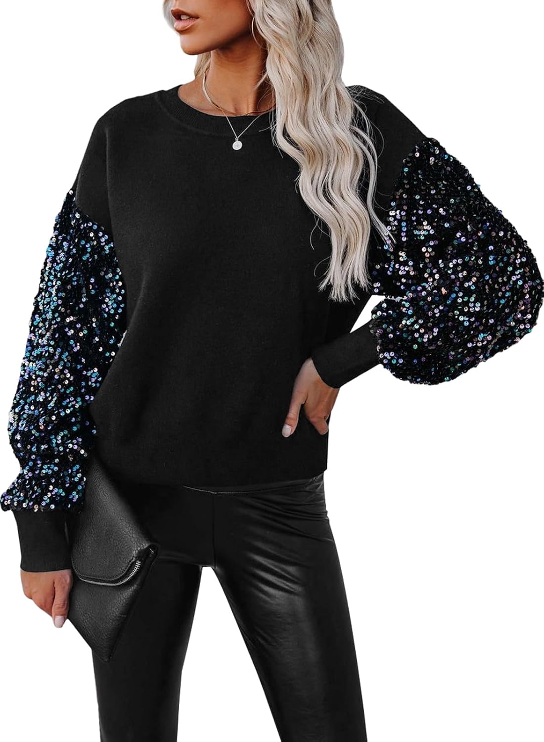 miduo Womens 2026 Fashion Crewneck Sequin Long Sleeve Casual Patchwork Sparkle Shimmer Pullovers Sweaters