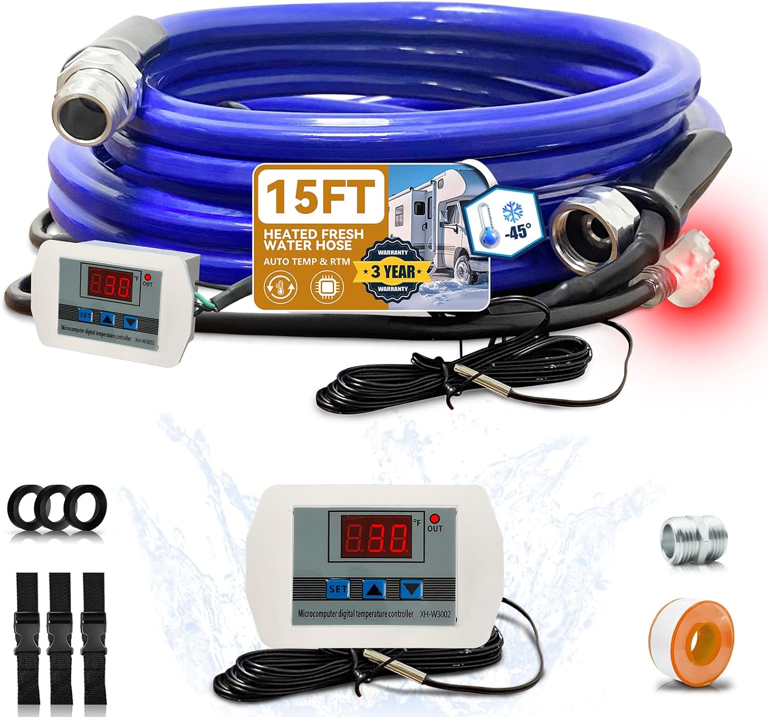 Cupohus Heated Water Hose for RV 15FT- Adjustable Temperature Control & Real-Time Monitor, Freeze Protection Down to -45℉ for Winter Camping, RV Travel, Outdoor Enthusiasts, 110-120V