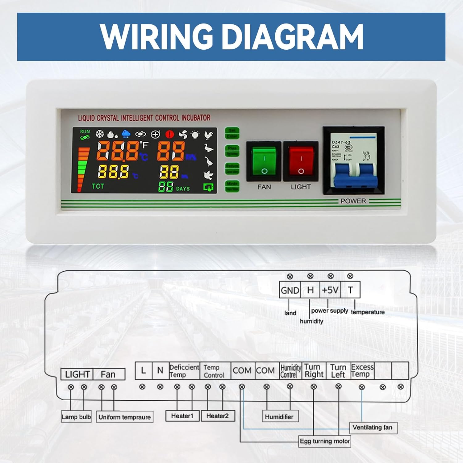 JOJOCY XM‑18SD Egg Incubator Controller, Temperature Humidity Automatic Control Color Display Over-Limit Alarm Thermostat for Chickens, Peacocks, Geese, Ducks, Cranes, Quail and Pigeons