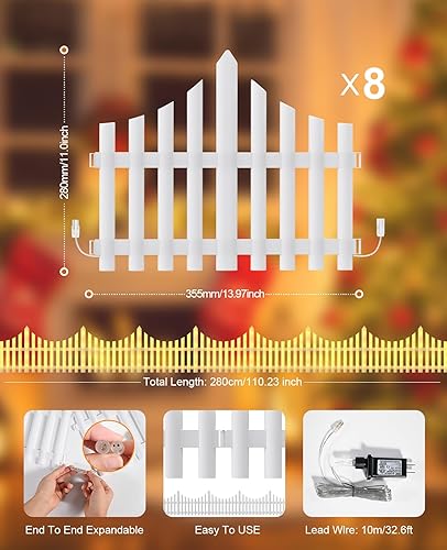 Miniatura 5 de Luces decorativas de Navidad, 110 pulgadas, paquete de 8 luces para valla de árbol de Navidad con control remoto, 8 modos de iluminación blanca para