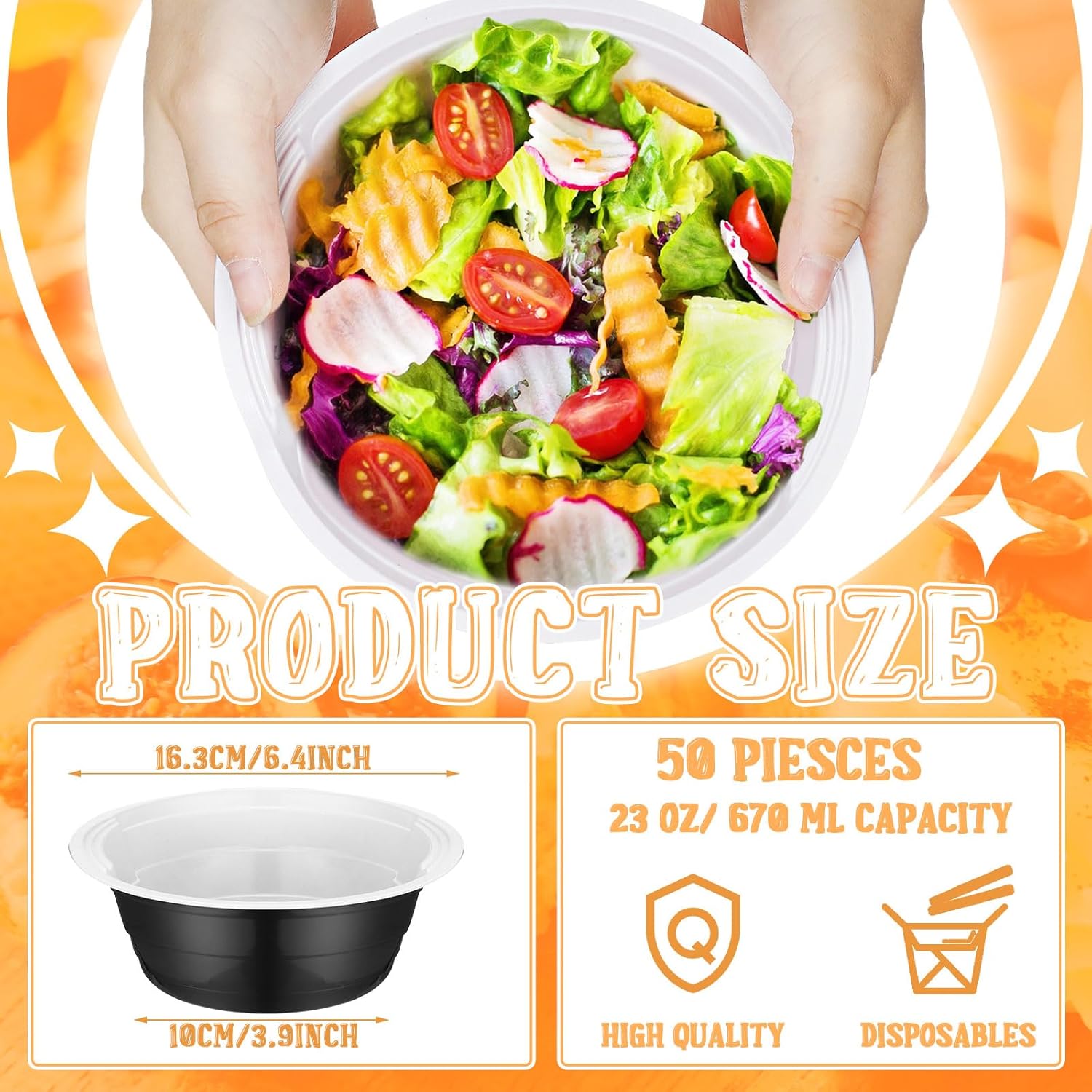 Gejoy 50 Pcs Black Plastic Bowls 23 oz Disposable But Reusable Snack Bowls Salad Dessert Serving Plates for 4th of July Wedding Birthday Winter Picnics Holiday Party Supplies - Image 2