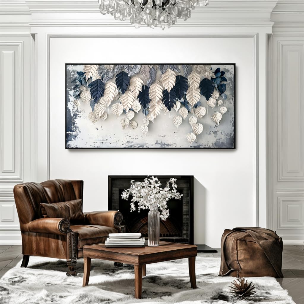 Botanical Leaf Wall Art White Blue Modern Framed Canvas Decor 20"x40" image 2