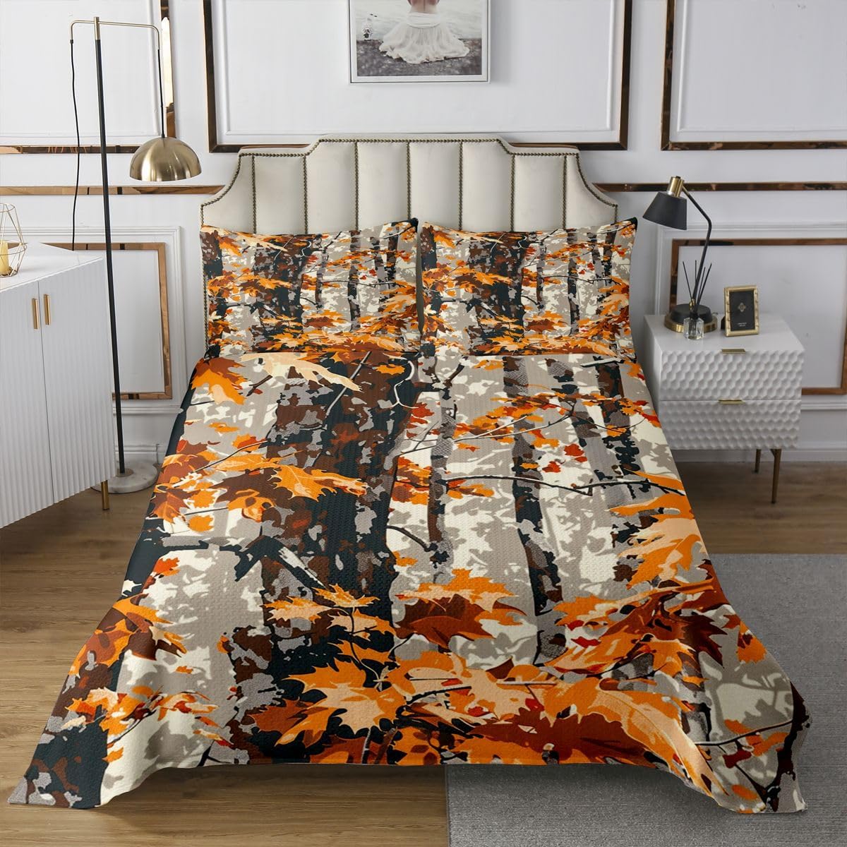 jejeloiu Camouflage Bedspread Quilts Tree Leaves Printed Coverlet Set Queen Size for Kids Boys Girls Gray Camo Quilted Coverlet for All Season with 2 Pillowcases Farmhouse Microfiber