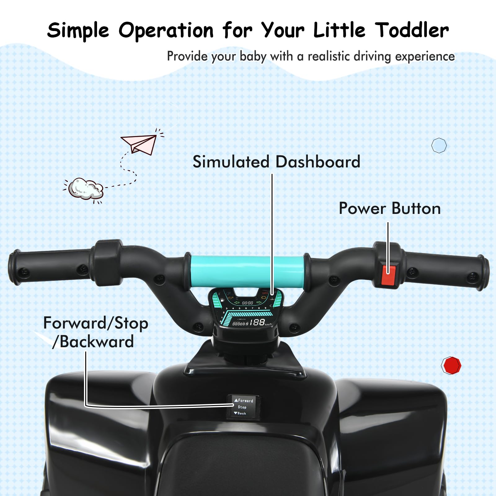 SOARS 6V Elektro Quad für Kinder, 2,8-4,6 km/h, Quad mit Vorwärts-, Rückwärtsfunktion, Elektrofahrzeug, Kinderfahrzeug für Kinder ab 3 Jahren, 73 x 40 x 44,5 cm (Schwarz)