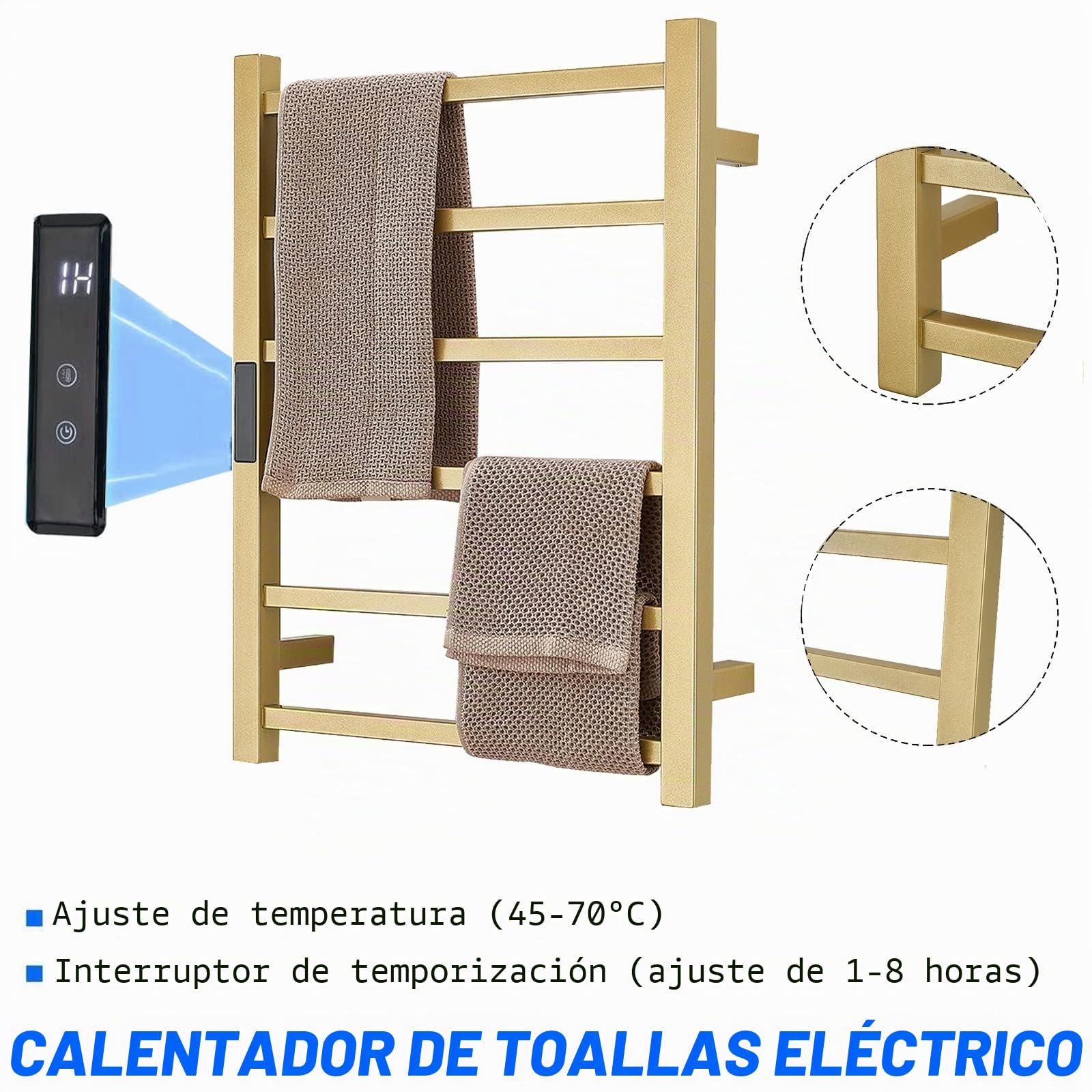 Radiador Toallero térmico Oro para Baño, Toallero Eléctrico Montada En La Pared con Temporizador, Toallero Calefactado Termostática De Acero Inoxidable 304, 60 X 45 Cm,Hardwired