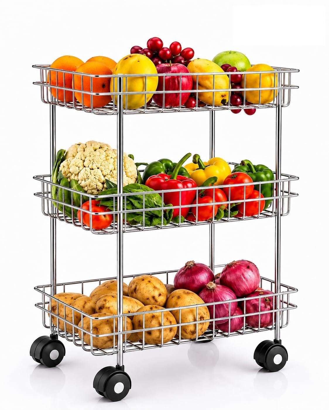 Stainless Steel Fruit and Vegetable Storage Stand Rack Multipurpose Baskets Kitchen Trolley Modern Kitchen Storage Rack (3 Layer Trolly)-image-19