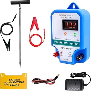 Sptchapn Electric Fence Energiser Kit - Includes 12V AC 2 Joules Output Fence Energiser, Connectors & Earth Stake - 10Km Range, LED Display, Weatherproof, Fencing Energizer for Horses, Pet and Animals