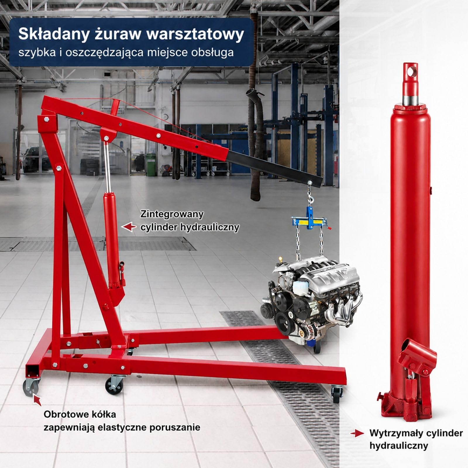 Czerwony hydrauliczny podnośnik słupkowy 4 t ze stalowym cylindrem, pompą jednotłokową, płaską podstawą i uchwytem do żurawi garażowych i warsztatowych
