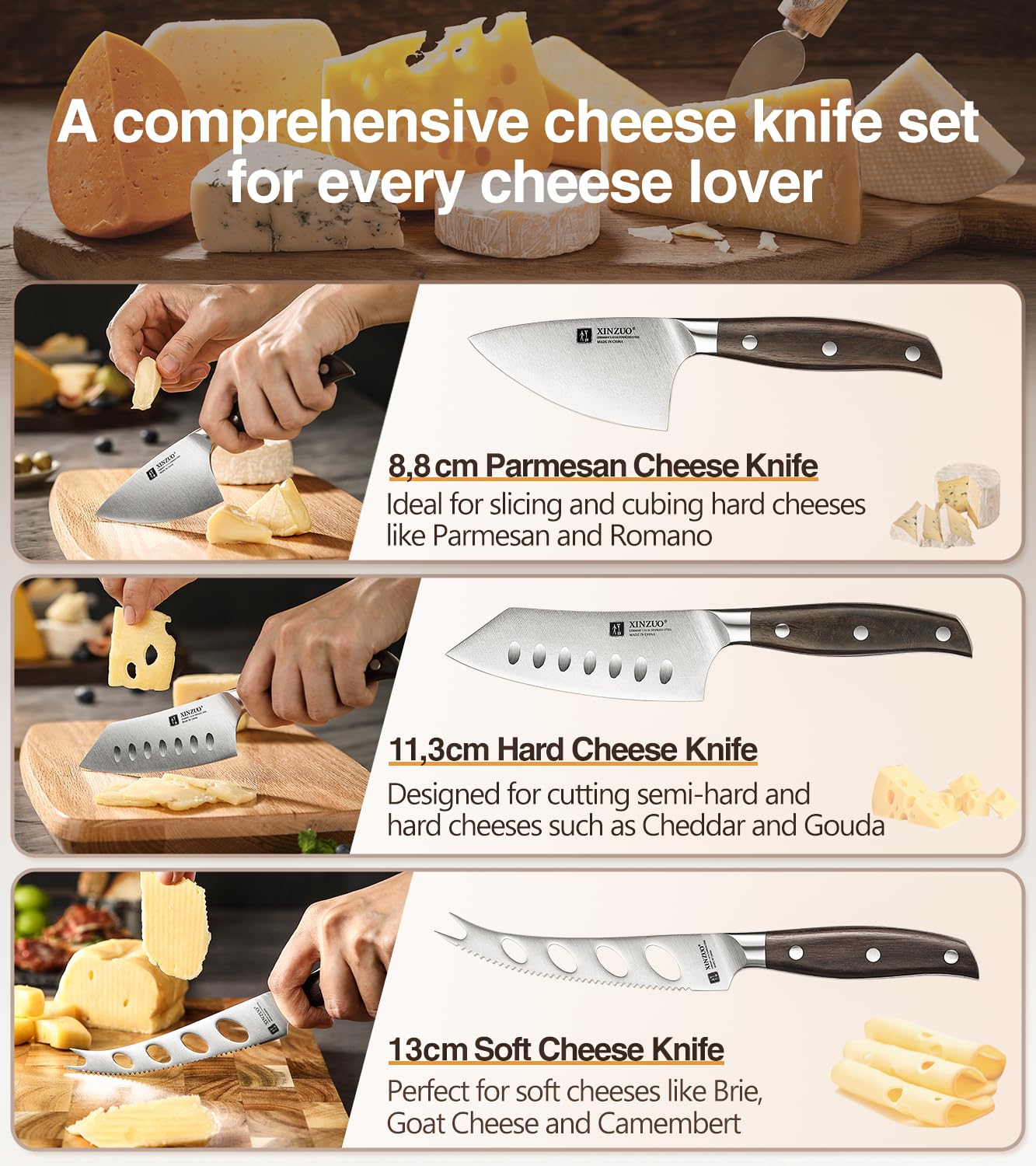 XINZUO Juego de Cuchillos para Queso con Tabla Madera de Roble Rojo y 3 Cuchillos Acero Inoxidable Magnética
