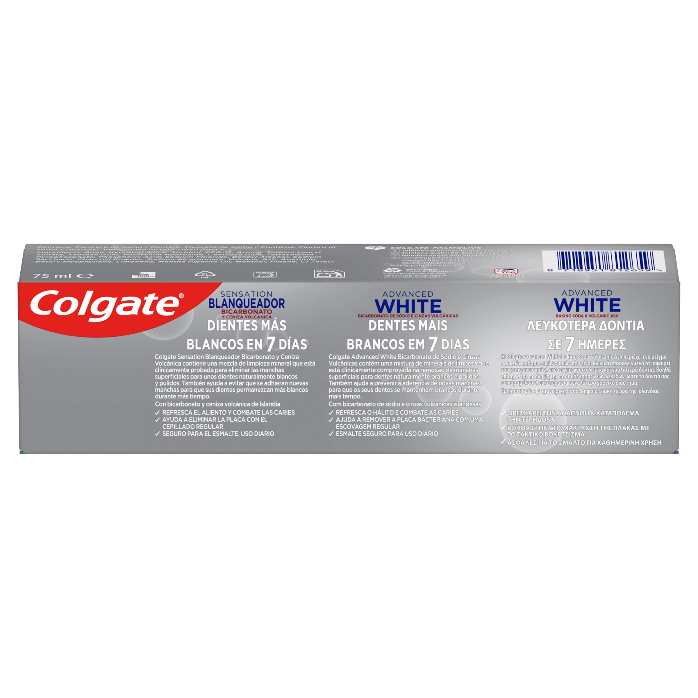 Colgate - Pasta de dientes Advanced White con Bicarbonato y Ceniza Volcánica, Pack 12 x 75 ml, Dientes más blancos en 7 días, clínicamente probada para eliminar las manchas superficiales