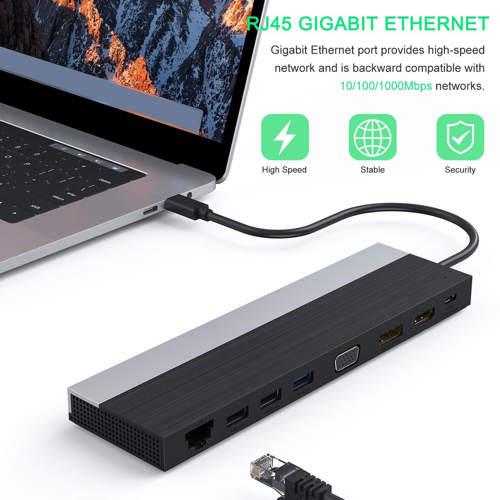 Tosuny USB C Hub, 12 in 1 USB C Multiport Adapter mit 4K@30Hz, DisplayPort, VGA, Gigabit Ethernet, 100W PD, SD/TF Kartensteckplatz, 4 USB Anschlüsse, 3,5 mm Soundbuch